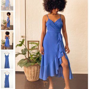 NWT Manhattan Moment Blue Ruffled Midi Wrap Dress